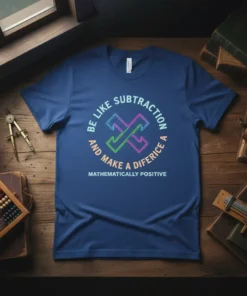 T-shirt with the quote "BE LIKE SUBTRACTION AND MAKE A DIFERICE A MATHEMATICALLY POSITIVE" in circular and straight text with