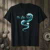 Be Like Water quote with flowing water graphic on a black t-shirt, yoga and meditation theme