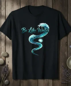 Be Like Water quote with flowing water graphic on a black t-shirt, yoga and meditation theme
