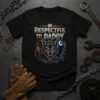 Be Respectful To Daddy wolf graphic t-shirt design with menacing wolf face and lightning accents