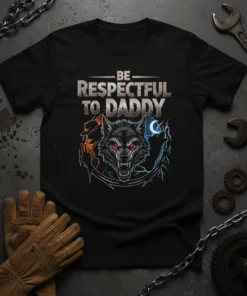 Be Respectful To Daddy wolf graphic t-shirt design with menacing wolf face and lightning accents