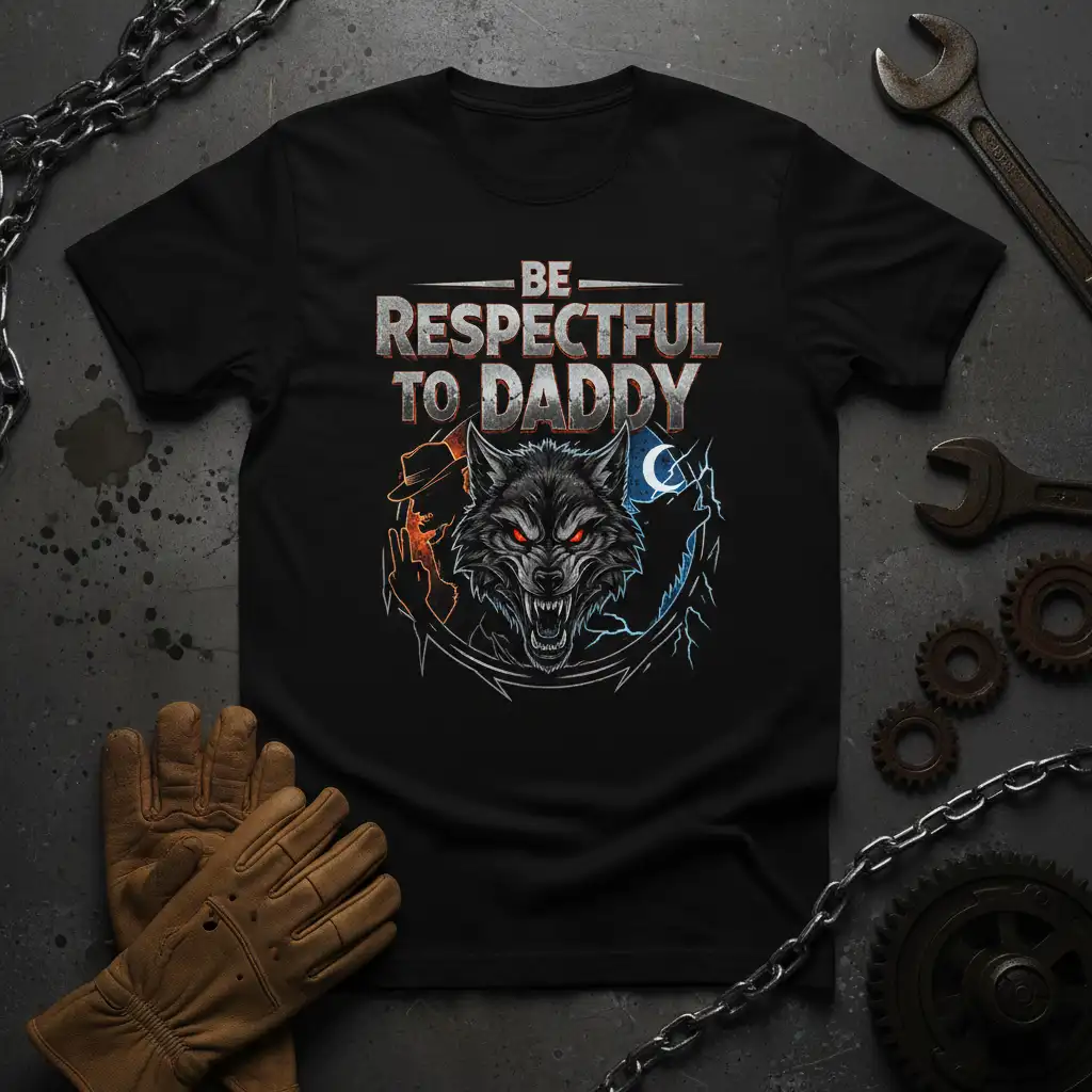 Be Respectful To Daddy quote with a fierce wolf illustration on a black t-shirt