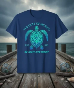 Gulf of Mexico sea turtle design with text "Be Salty and Resist" and "The Gulf of Mexico Est. 1550" on