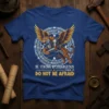 Blue t-shirt with "BE STRONG & COUARGEIOUS Joshua 1:9 DO NOT BE AFRAID" text and a winged, armored tiger graphic