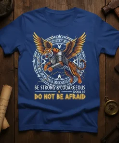 Blue t-shirt with "BE STRONG & COUARGEIOUS Joshua 1:9 DO NOT BE AFRAID" text and a winged, armored tiger graphic