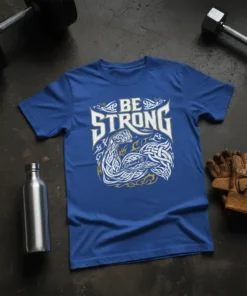 Be Strong Ephesians 6:10 Christian workout t-shirt with a powerful arm graphic and Celtic knot designs