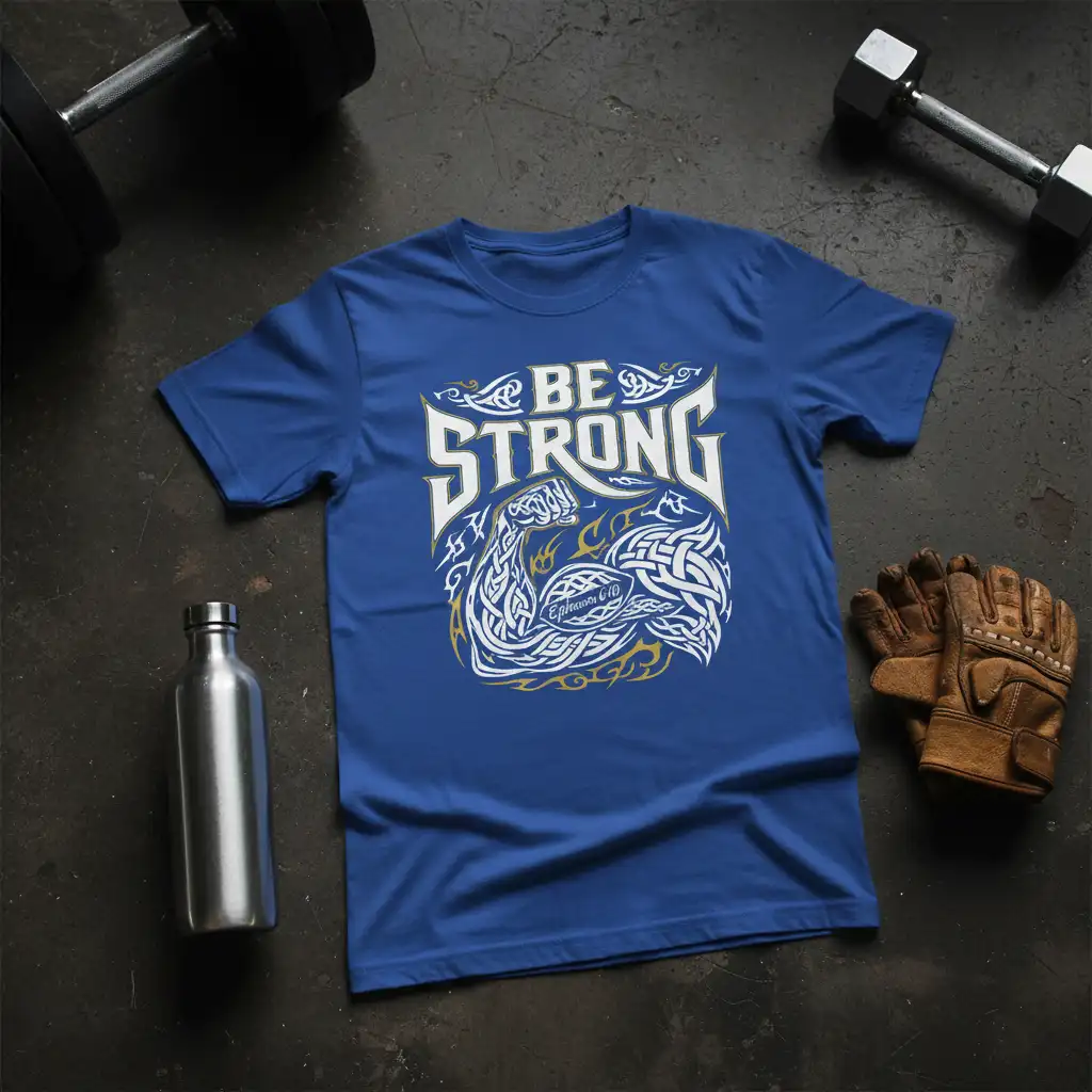 Be Strong Ephesians 6:10 quote on a blue t-shirt with a muscular arm and intricate knotwork graphic