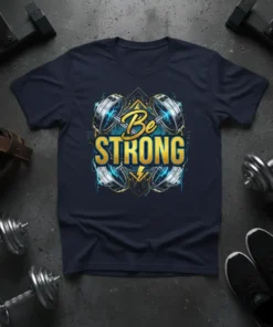Navy t-shirt with bold gold and blue "Be STRONG" text design featuring dumbbells and lightning bolts