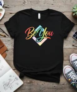 Black t-shirt with "Be You" text in colorful gradient and geometric diamond design