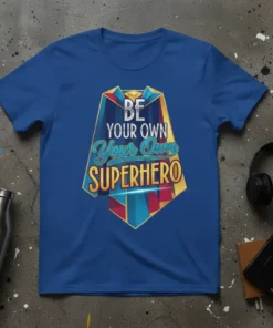 Blue t-shirt with bold text "BE YOUR OWN Your Own SUPERHERO" designed as a superhero cape graphic