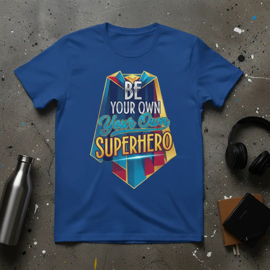 BE YOUR OWN Your Own SUPERHERO text design with superhero cape graphic on blue tee