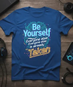 Blue t-shirt with "Be Yourself Everyone else is already Taken" quote in neon-like cyber-tech design