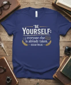 Blue t-shirt with the Oscar Wilde quote "Be Yourself; everyone else is already taken." in white and gold typography