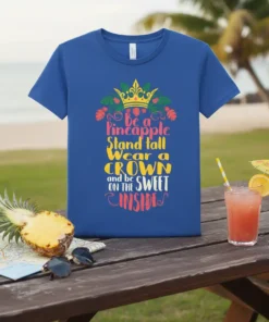 T-shirt with "Be a Pineapple Stand tall Wear a CROWN and be SWEET ON THE INSIDE" quote and crown graphic