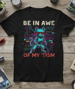 Robot cat wearing sunglasses with text "BE IN AWE OF MY 'TISM" on a black t-shirt, set against a circuit
