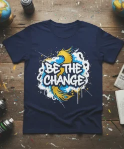BE THE CHANGE quote in bold white lettering with a yellow and blue abstract phoenix graphic on a navy t-shirt
