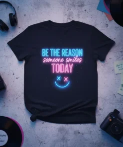 Neon graphic T-Shirt with the quote "BE THE REASON someone smiles TODAY" and a happy face design
