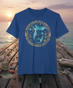 Mermaid drinking from a bottle graphic with text "Beach Please I'm A Mermaid Of Course I Drink Like A Fish"