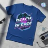 Blue t-shirt with "BEACH PLEASE" in retro neon text, palm trees, and a rocket graphic