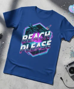 Blue t-shirt with "BEACH PLEASE" in retro neon text, palm trees, and a rocket graphic
