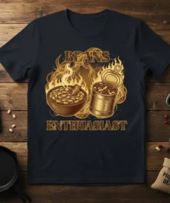 Beans Enthusiast T-Shirt featuring a retro design with a bowl and can of beans surrounded by flames