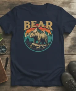 Vintage Bear graphic tee with a bear walking on rocks, mountains, and sunset in the background within a circle
