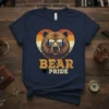 Retro Bear Pride T-Shirt design with a cool bear wearing sunglasses inside a heart-shaped sunset graphic