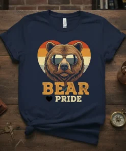 Retro Bear Pride T-Shirt design with a cool bear wearing sunglasses inside a heart-shaped sunset graphic