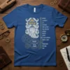 Blue t-shirt featuring a humorous Beard Size Chart with stages like Manly, Caveman, Trucker, and God, alongside a stylized beard