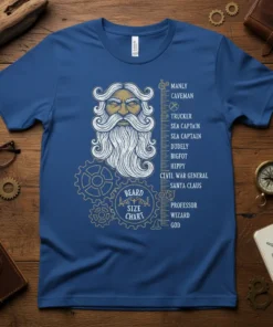 Blue t-shirt featuring a humorous Beard Size Chart with stages like Manly, Caveman, Trucker, and God, alongside a stylized beard