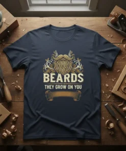 Beards They Grow On You quote with a vintage-style beard graphic on a navy t-shirt