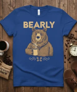 Bearly text with a brown bear holding a coffee mug on a blue t-shirt design