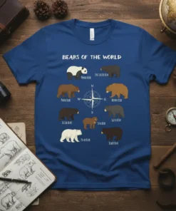 Bears of the World t-shirt design featuring illustrations of Panda, Spectacled, Panda, Brown, Grizzly, Sloth, Sun, Polar, and Black bears
