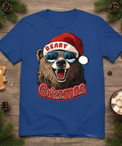 BEARY Grizzmas Christmas bear wearing Santa hat and sunglasses, with festive text