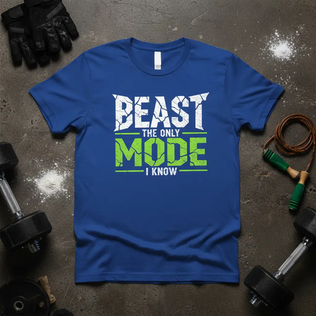 BEAST THE ONLY MODE I KNOW bold, distressed typography graphic on a blue t-shirt for gym workouts