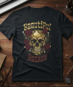 Black t-shirt featuring the text "Beautiful Badass" with a golden skull, red roses, and bone accents