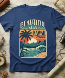 Beautiful Island Hawaii graphic tee with a palm tree, ocean waves, and mountains at sunset