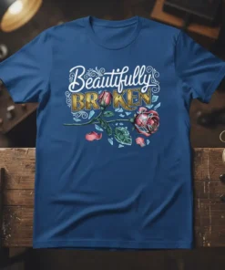 Beautifully BROKEN quote with a rose and shattered glass design on a blue t-shirt