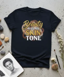 T-shirt with the text "Beauty has no SKIN TONE" in gold glitter and white font, with abstract brown and gold