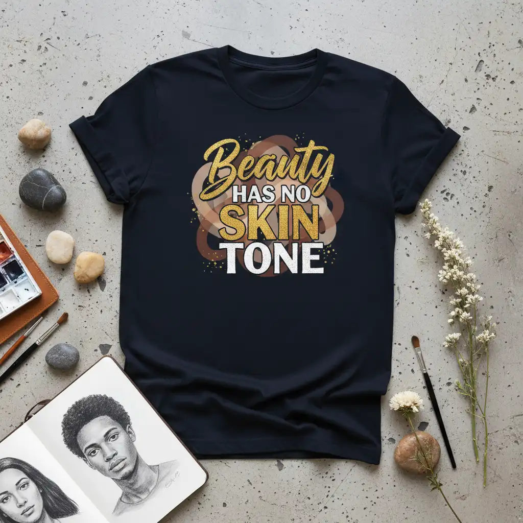 Beauty Has No SKIN TONE t-shirt featuring bold typography and abstract art celebrating diversity