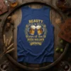 BEAUTY is in the eye of the BEER HOLDER quote with two beer mugs wearing sunglasses on a blue tank