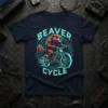 Beaver Cycle T-Shirt design featuring a muscular beaver riding a bicycle with circuit board graphics