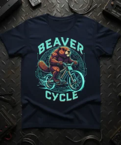 Beaver Cycle T-Shirt design featuring a muscular beaver riding a bicycle with circuit board graphics