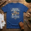 Beaver Engineering Master Builds Since Forever quote on a blue t-shirt with a beaver wearing a hard hat and holding