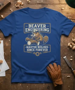 Beaver Engineering Master Builds Since Forever quote on a blue t-shirt with a beaver wearing a hard hat and holding