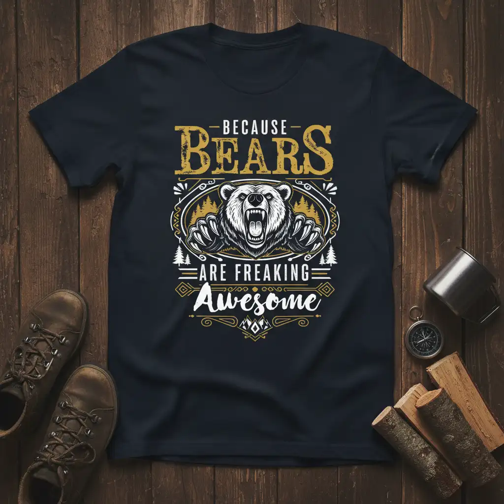 Because Bears Are Freaking Awesome quote and roaring grizzly bear graphic on a dark t-shirt