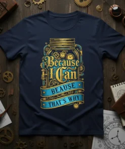 Steampunk "Because I Can BECAUSE THAT'S WHY" quote t-shirt featuring a jar filled with gears and clocks