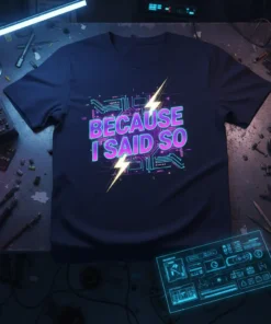 Navy t-shirt with neon pink and blue "Because I Said So" text and lightning bolt graphics