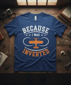 Because I Was Inverted t-shirt design featuring white text, an orange airplane graphic, and white accents on a navy blue