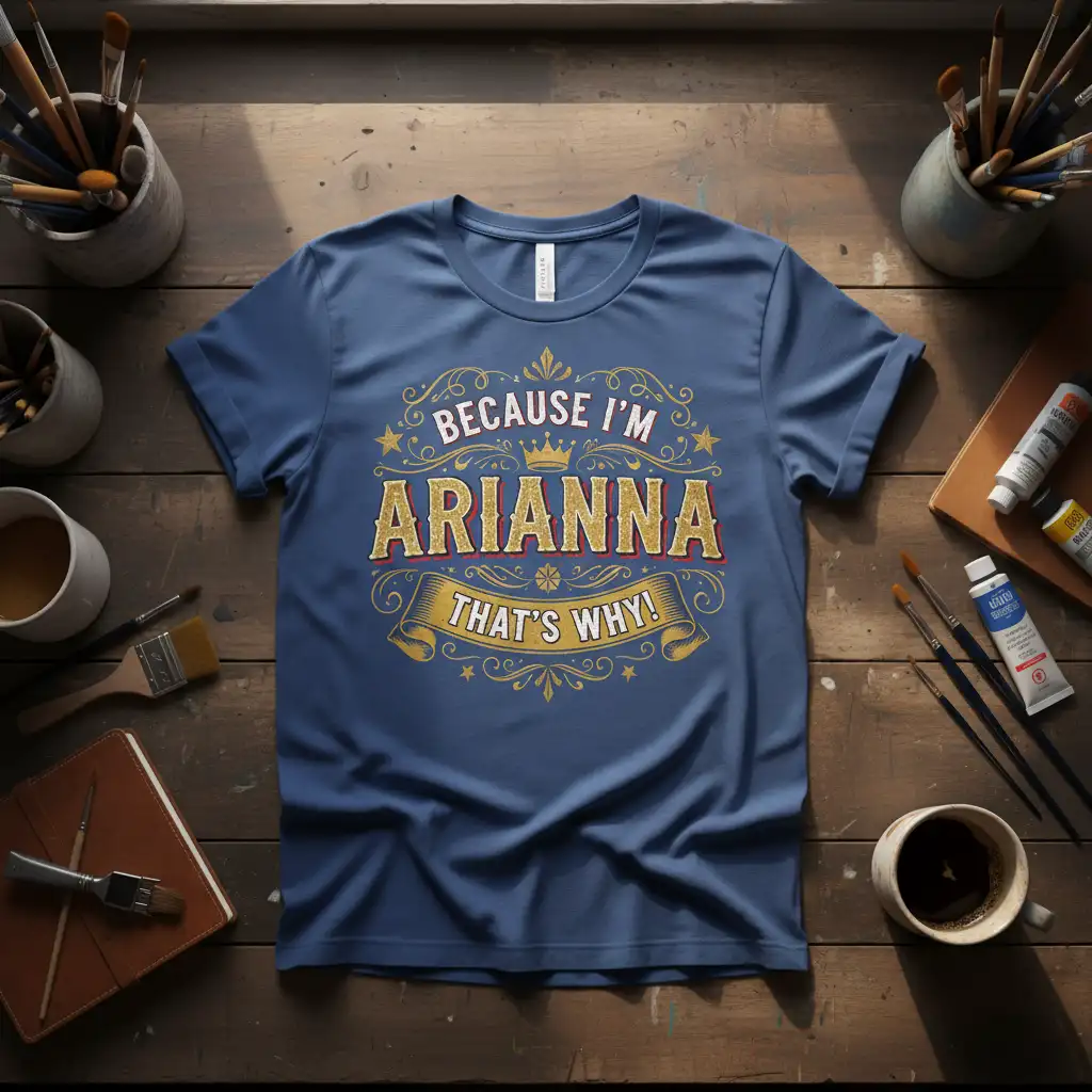 Because I'm Arianna That's Why! personalized name quote t-shirt design in decorative gold and red typography